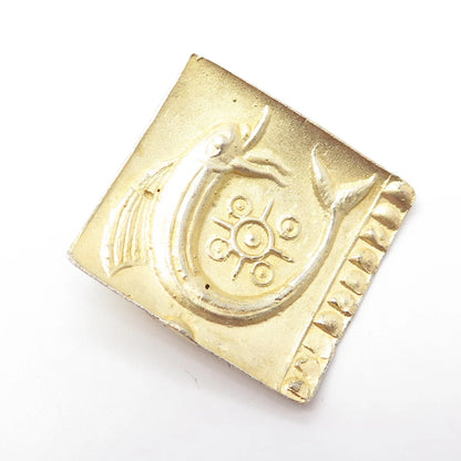 925 Sterling Silver Gold Plated Vintage Fish Symbol Square Pin Brooch