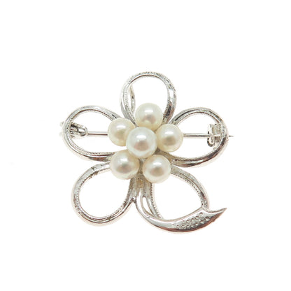 925 Sterling Silver Antique Art Deco Real Pearl Floral Pin Brooch / Pendant