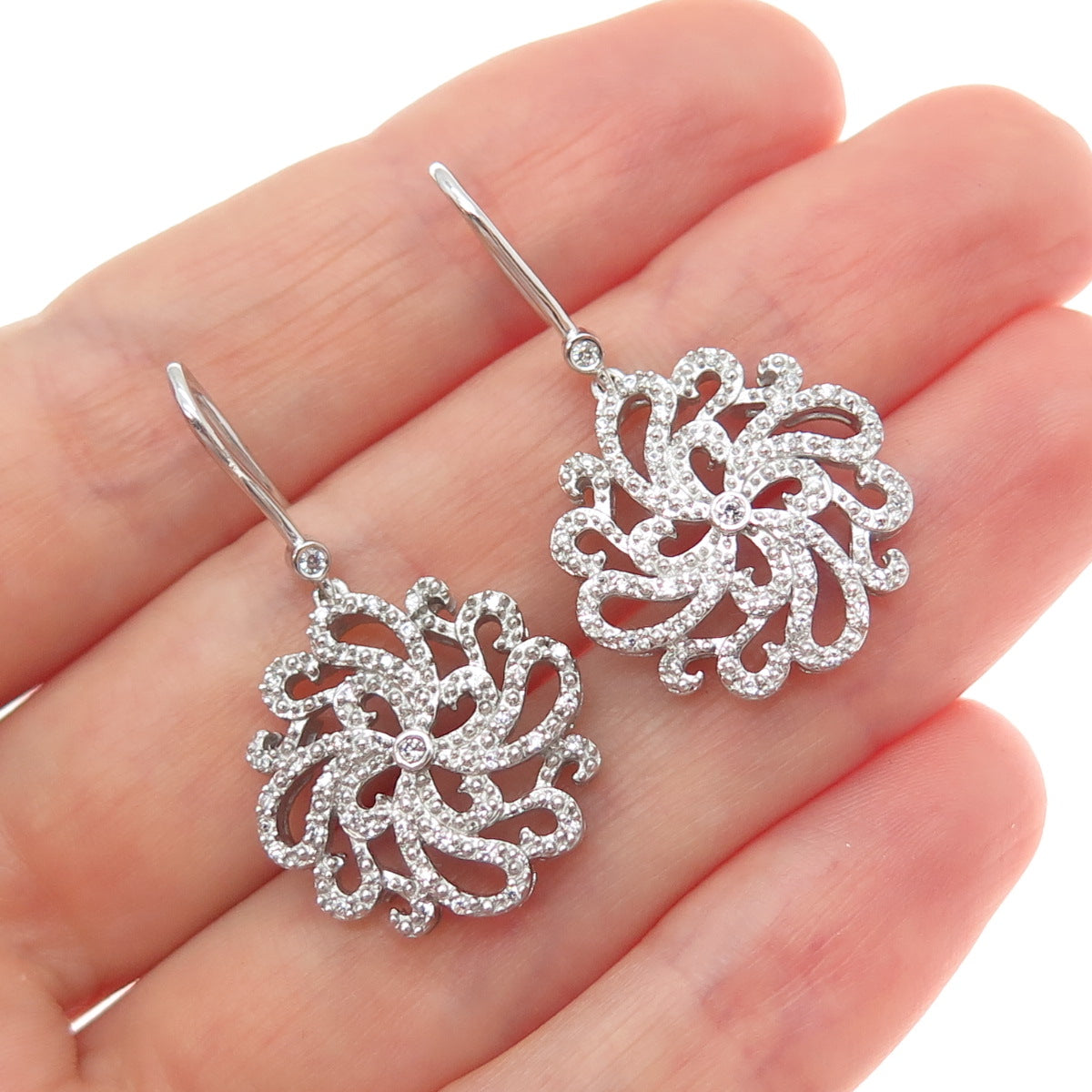 SAI 925 Sterling Silver Round-Cut C Z Flower Dangle Earrings