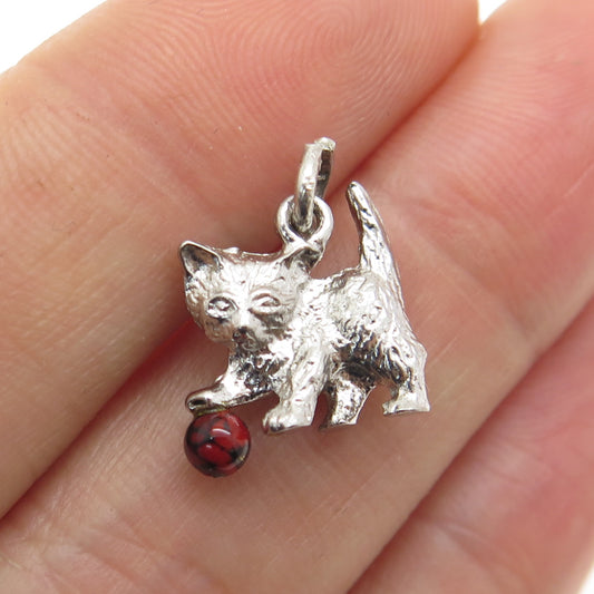 925 Sterling Silver Vintage Glass Playing Kitty Cat Minimalist Charm Pendant