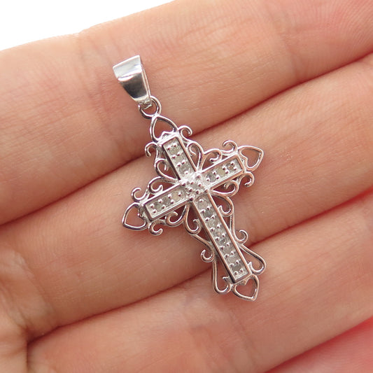 HAN 925 Sterling Silver Real Round-Cut Diamond Cross Charm Pendant