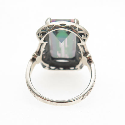 925 Sterling Silver Vintage Real Mystic Quartz & Pearl Oxidized Ring Size 5.75