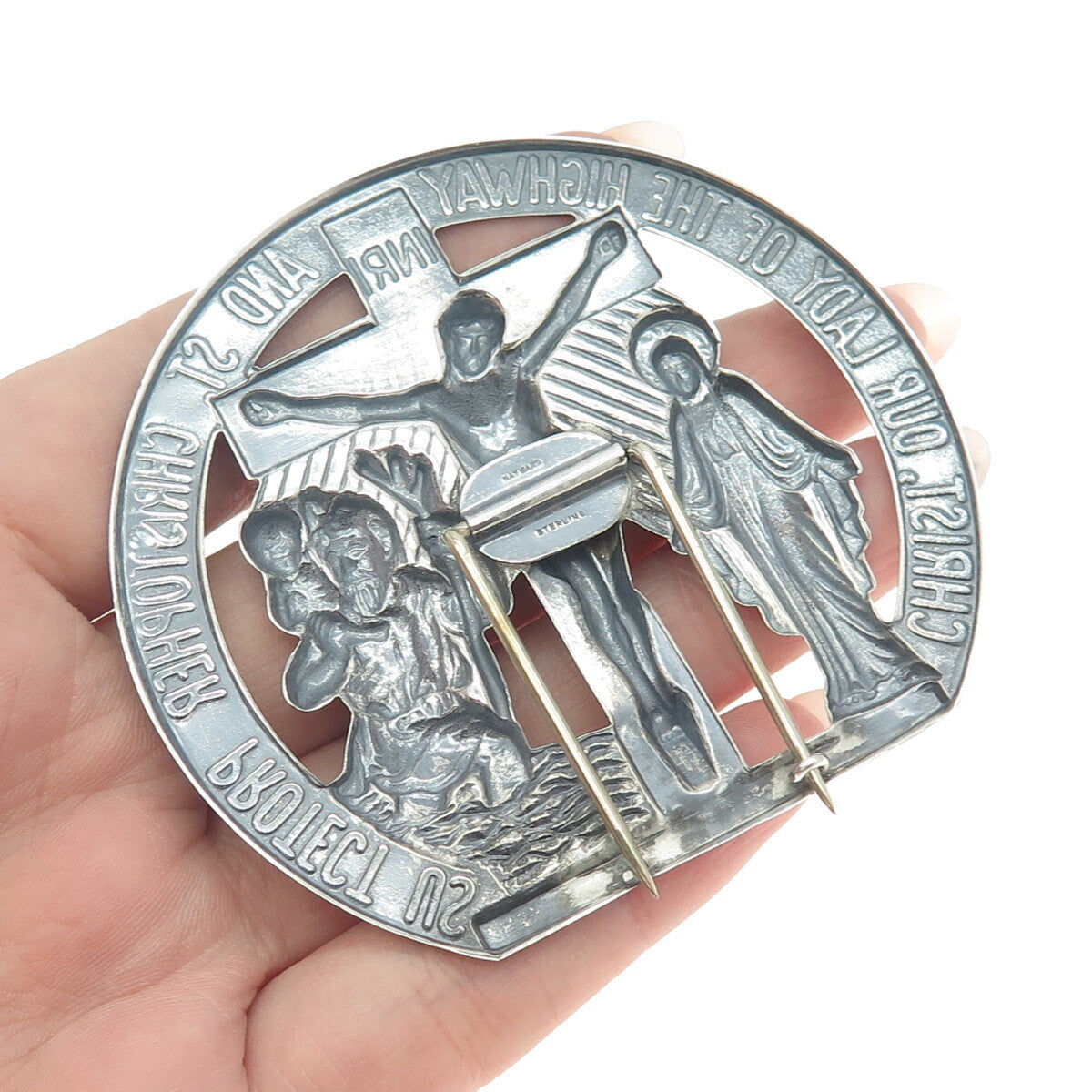 HAYWARD 925 Sterling Silver Antique Crucifix St Mary & Christopher Religious Pin