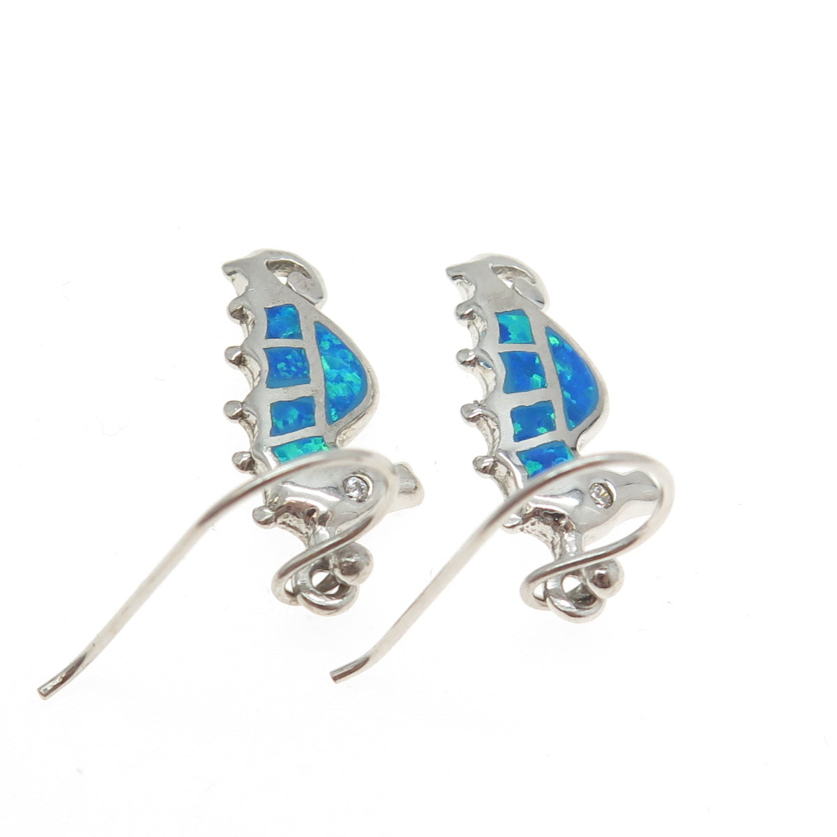 925 Sterling Silver Real Opal & C Z Seahorse Dangling Earrings