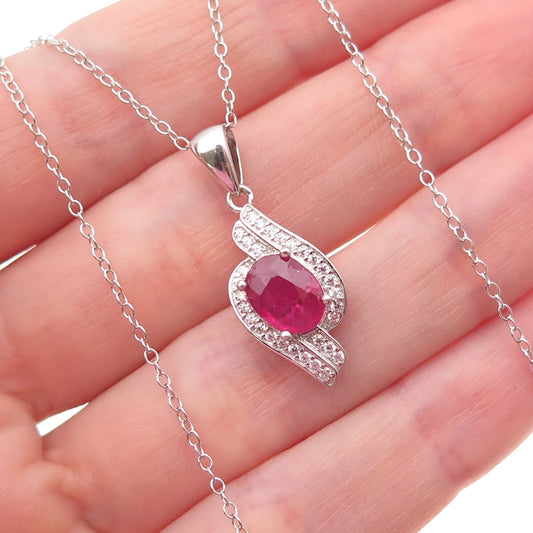 925 Sterling Silver Real Oval-Cut Ruby & Round-Cut C Z Cable Chain Necklace 18"