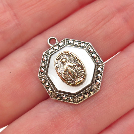 925 Sterling 2-Tone Antique Art Deco Real MOP & Marcasite St. Mary Mini Pendant