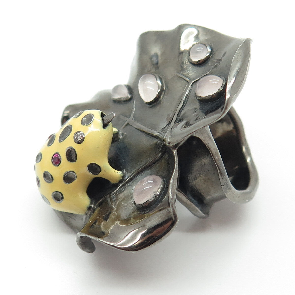 925 Sterling Vintage Black Rhodium Enamel Diamond Ruby Amethyst Frog Ring Size 7
