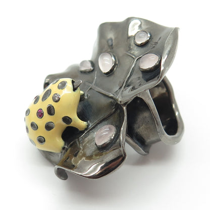 925 Sterling Vintage Black Rhodium Enamel Diamond Ruby Amethyst Frog Ring Size 7