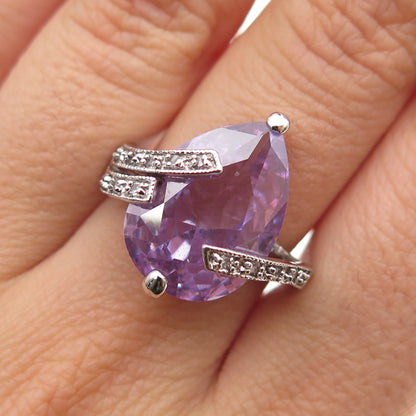 925 Sterling Silver Pear-Cut Purple & Round-Cut White C Z Ring Size 7