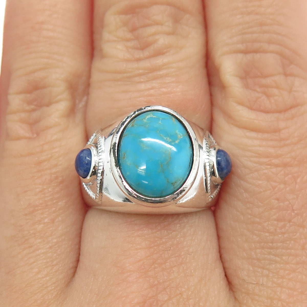 ROSS SIMONS 925 Sterling Silver Vintage Real Turquoise & Lapis Ring Size 7.25