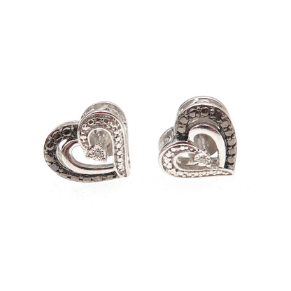 Jane Seymour 925 Sterling Silver Real Black & White Diamond Heart Stud Earrings