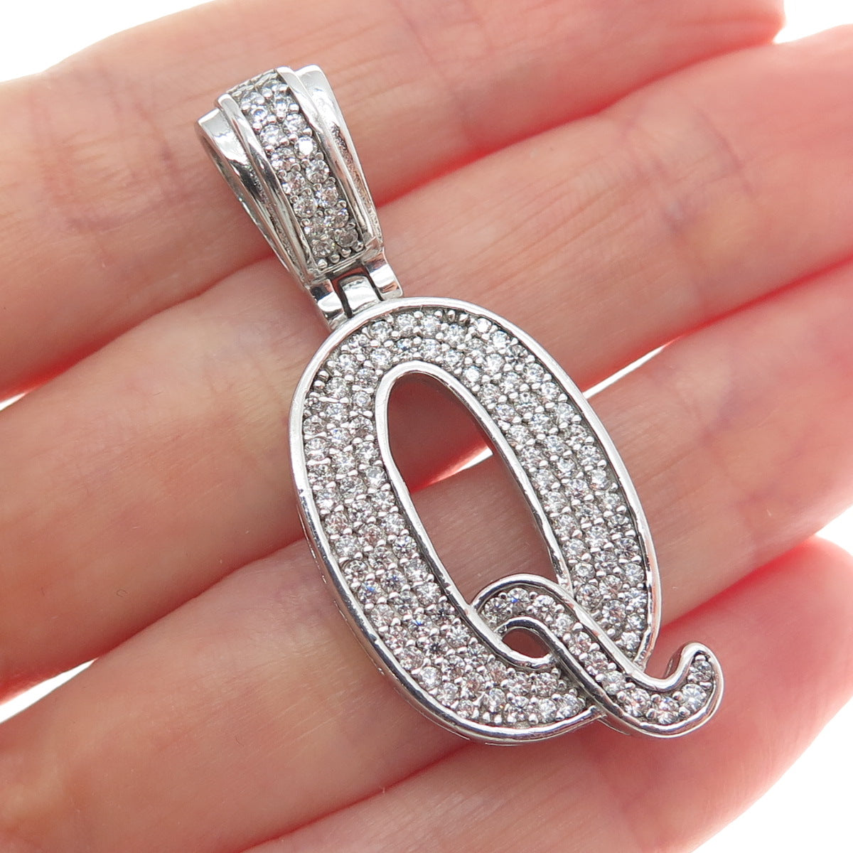 925 Sterling Silver Round-Cut Shaped C Z Letter Q Initial Sparkle Pendant
