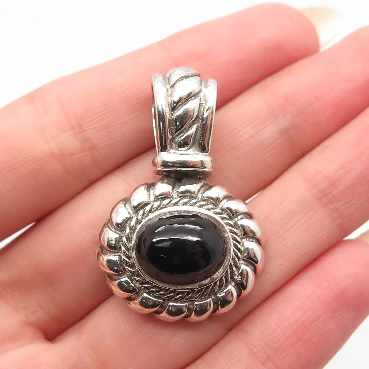 925 Sterling Silver Vintage Real Black Onyx Gem Twisted Oval Pendant