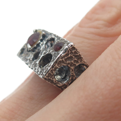 925 Sterling Silver 2-Tone Vintage Real Garnet Modernist Oxidized Ring Size 5