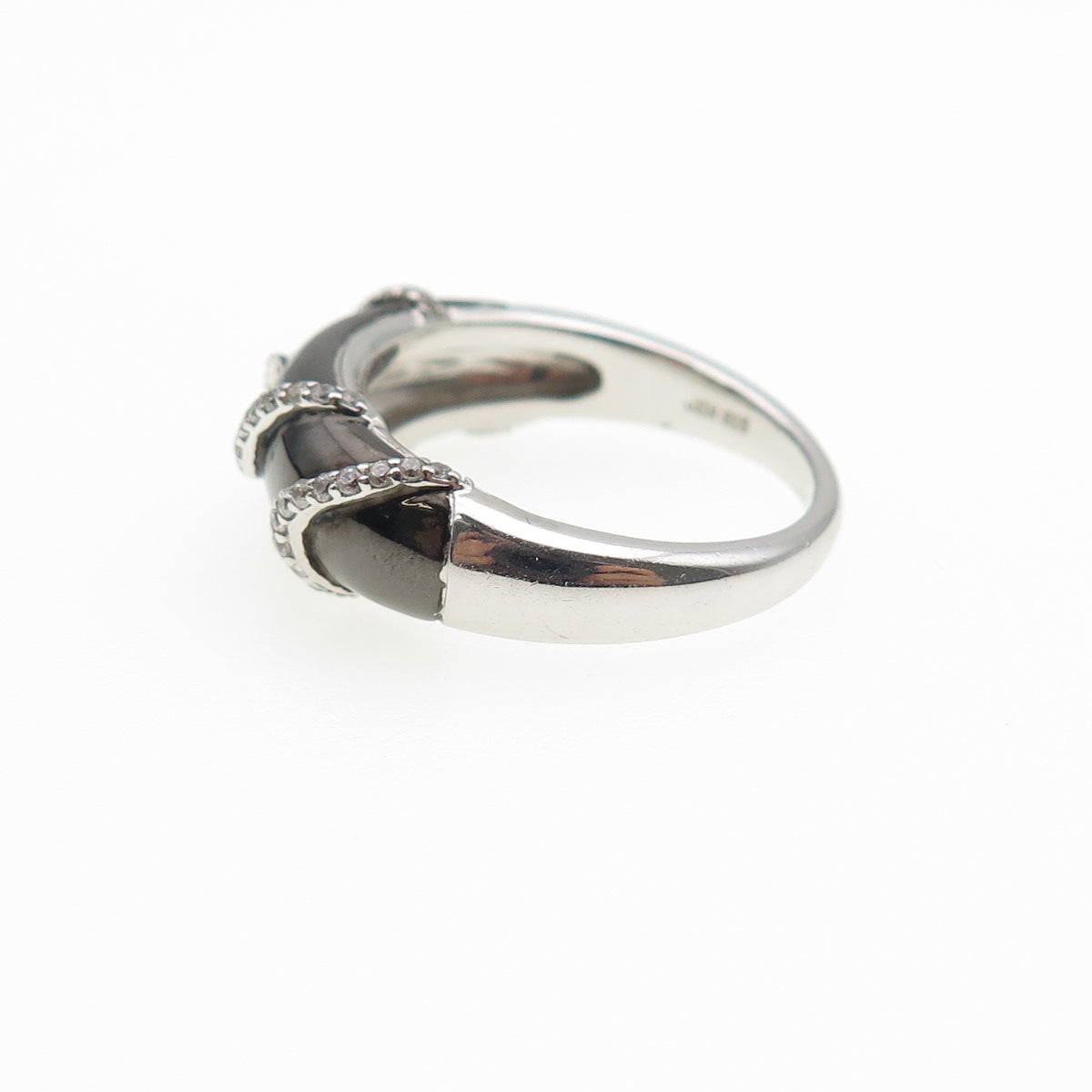 925 Sterling Silver Black Enamel Round-Cut White C Z Ring Size 6.5