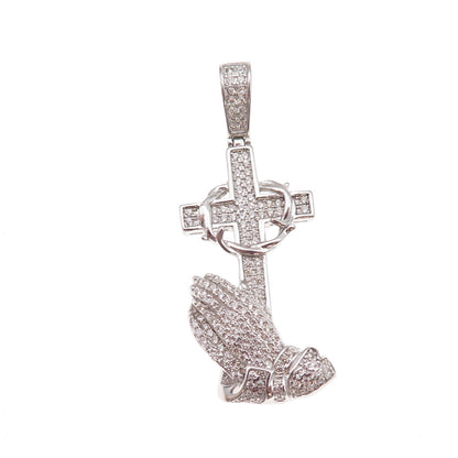 925 Sterling Silver Round-Cut C Z Prayer Hands Cross Pendant