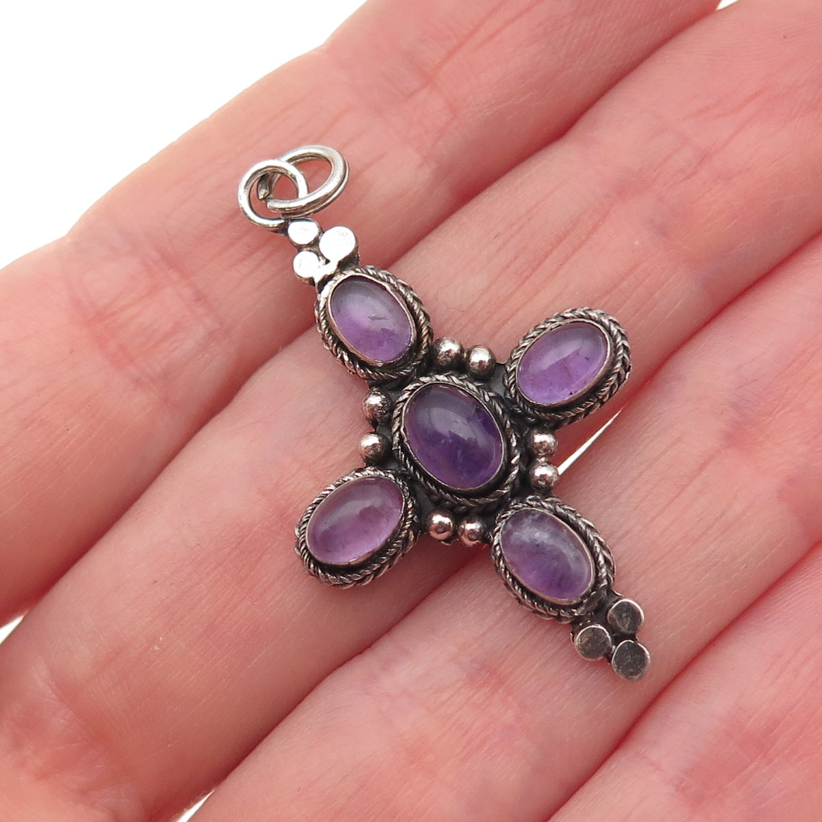 925 Sterling Silver Vintage Real Amethyst Cross Oxidized Charm Pendant
