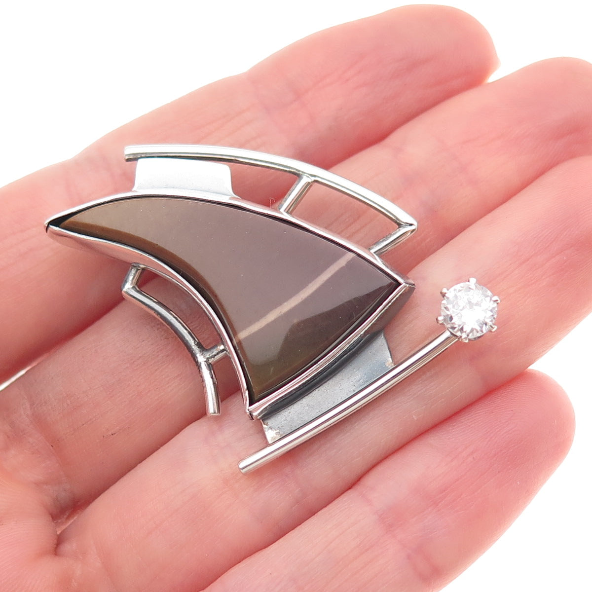 925 Sterling Silver Vintage Real Jasper & C Z Modernist Sailboat Slide Pendant