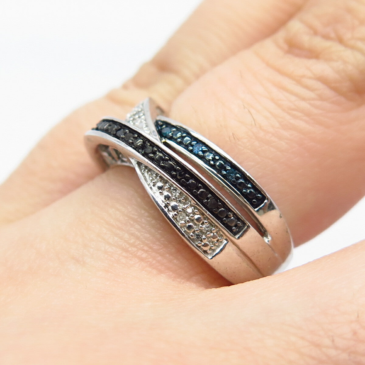 925 Sterling Silver SUN Real White Blue & Black Diamond Crossover Ring Size 5.75