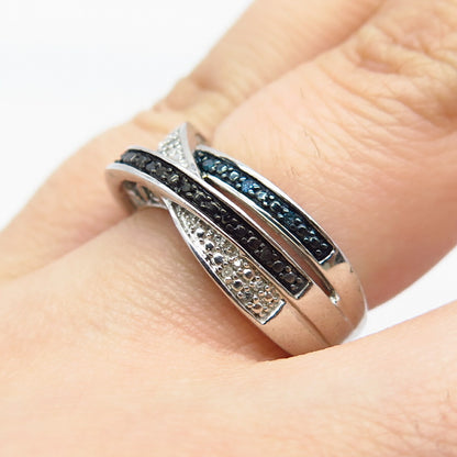 925 Sterling Silver SUN Real White Blue & Black Diamond Crossover Ring Size 5.75