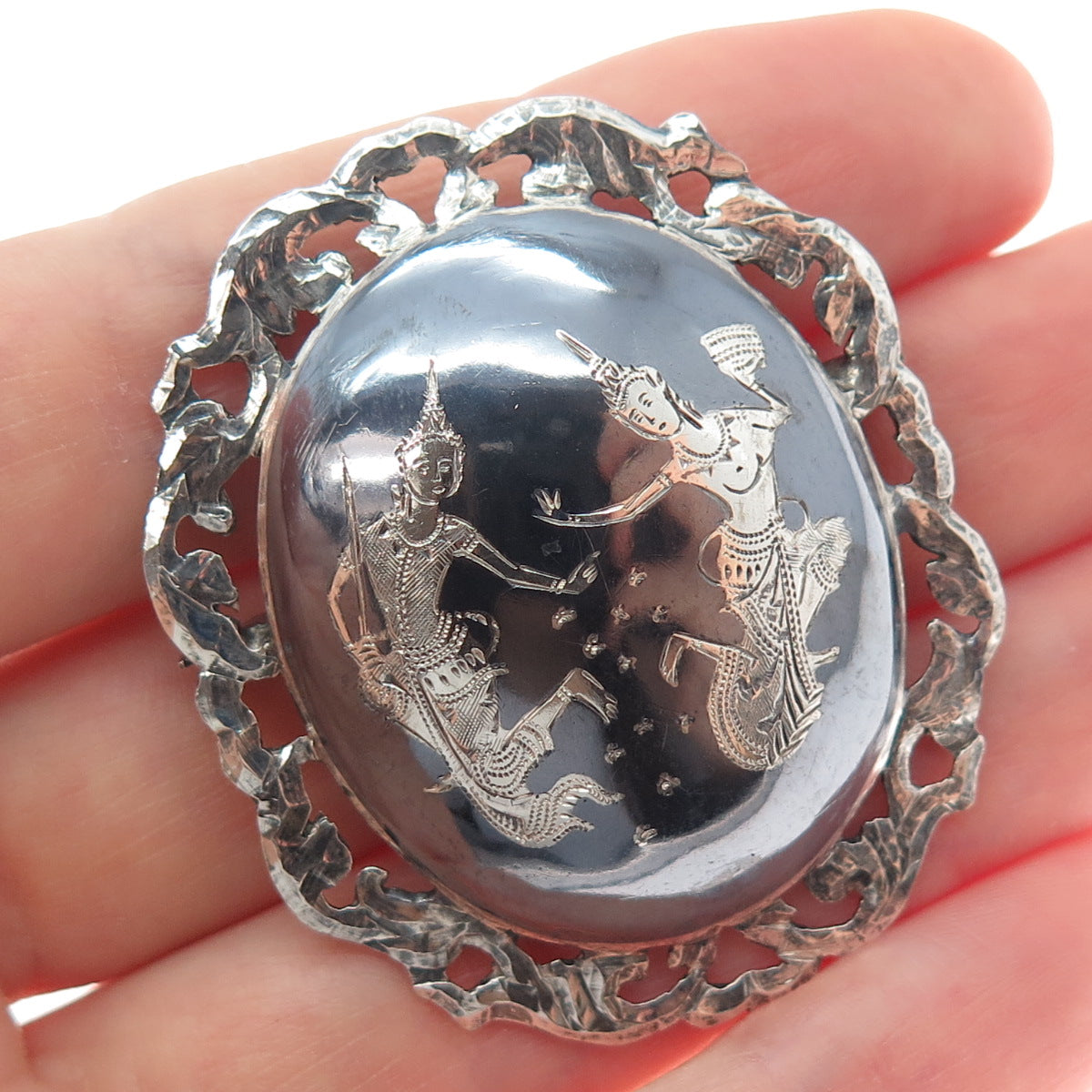 925 Sterling Silver Antique Siam Niello Hindu Goddess Pin Brooch