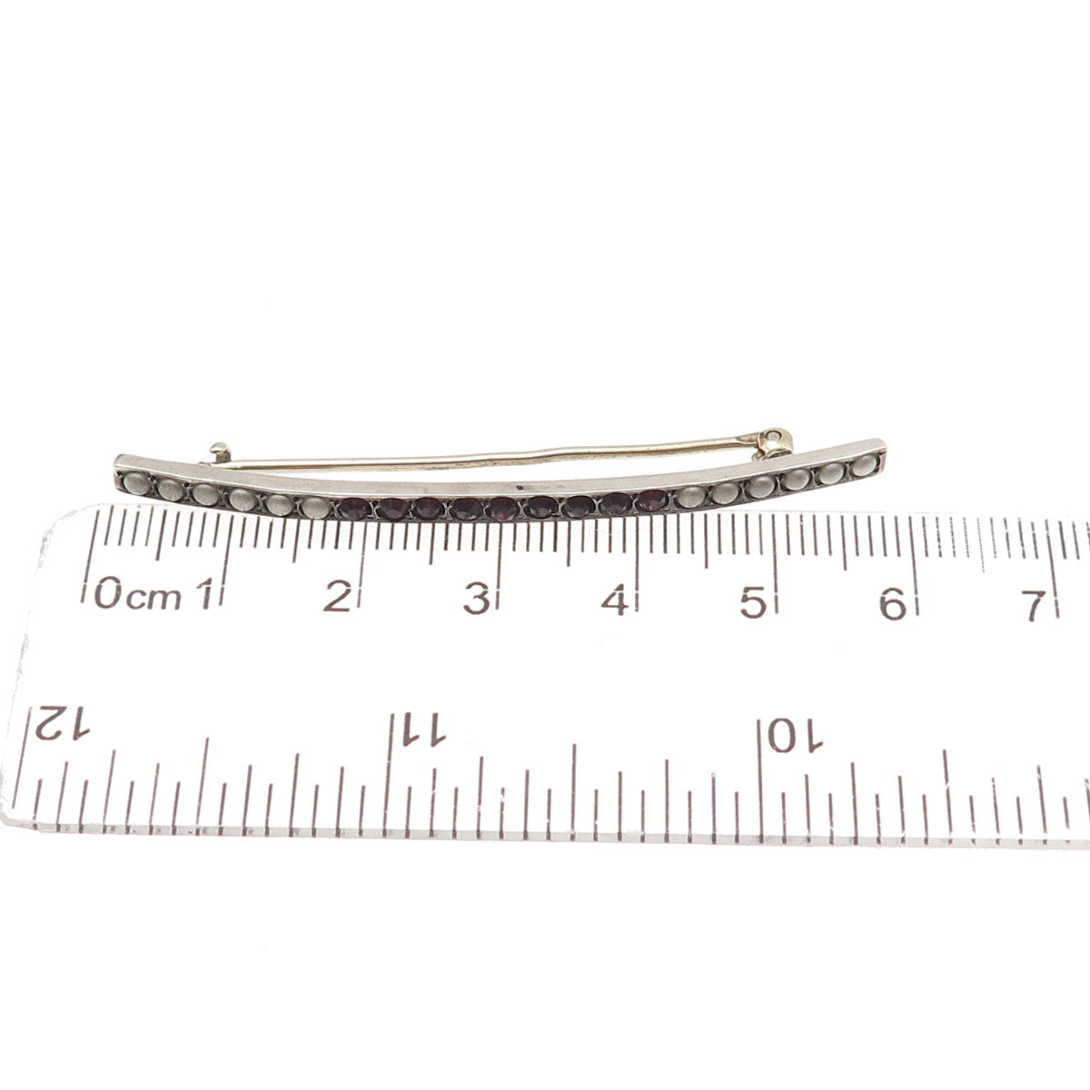 925 Sterling Silver Antique Art Deco Faux Pearl & Rhinestone Bar Pin Brooch