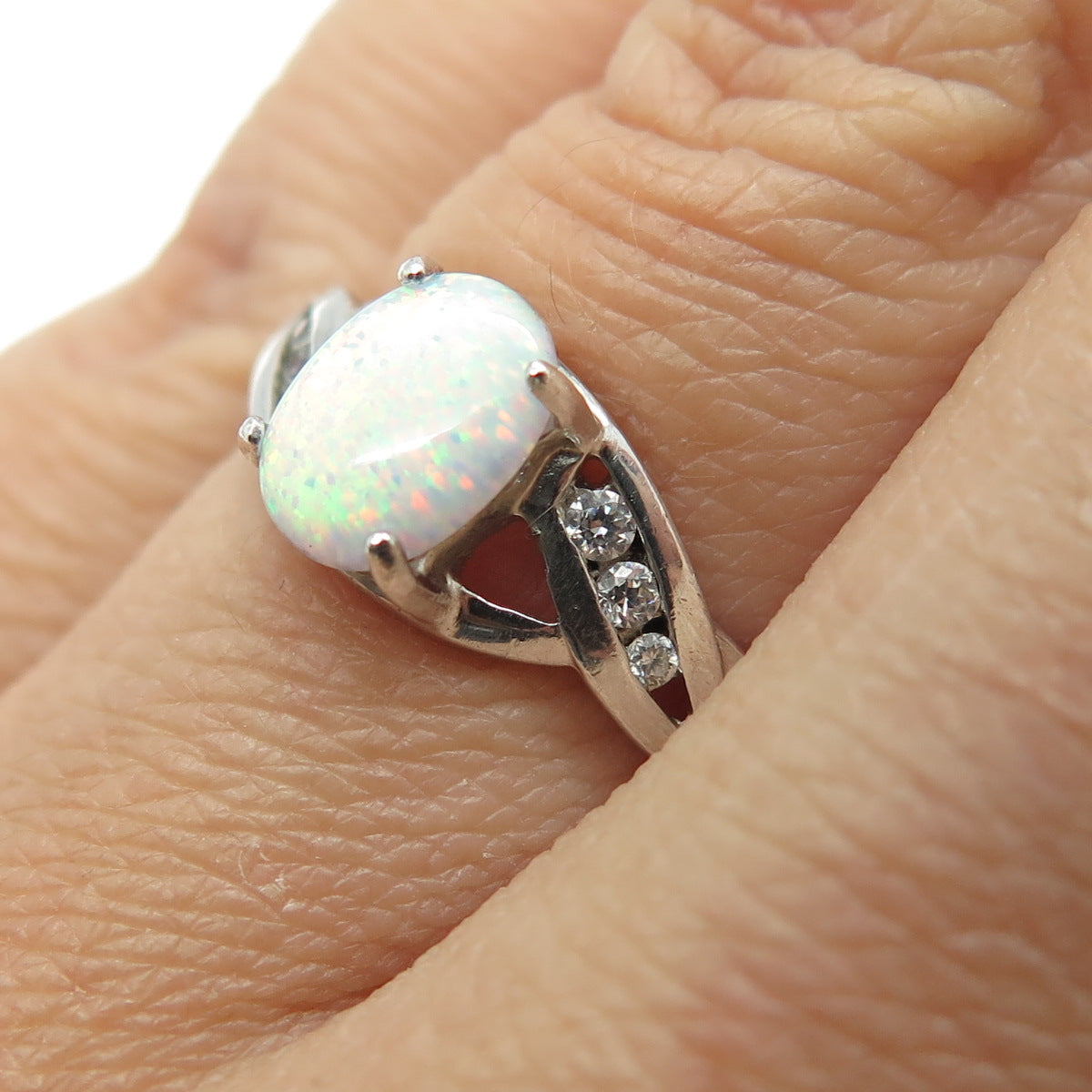 RJ GRAZIANO Sterling Silver Real Oval-Cut Opal & Round-Cut C Z Ring Size 6