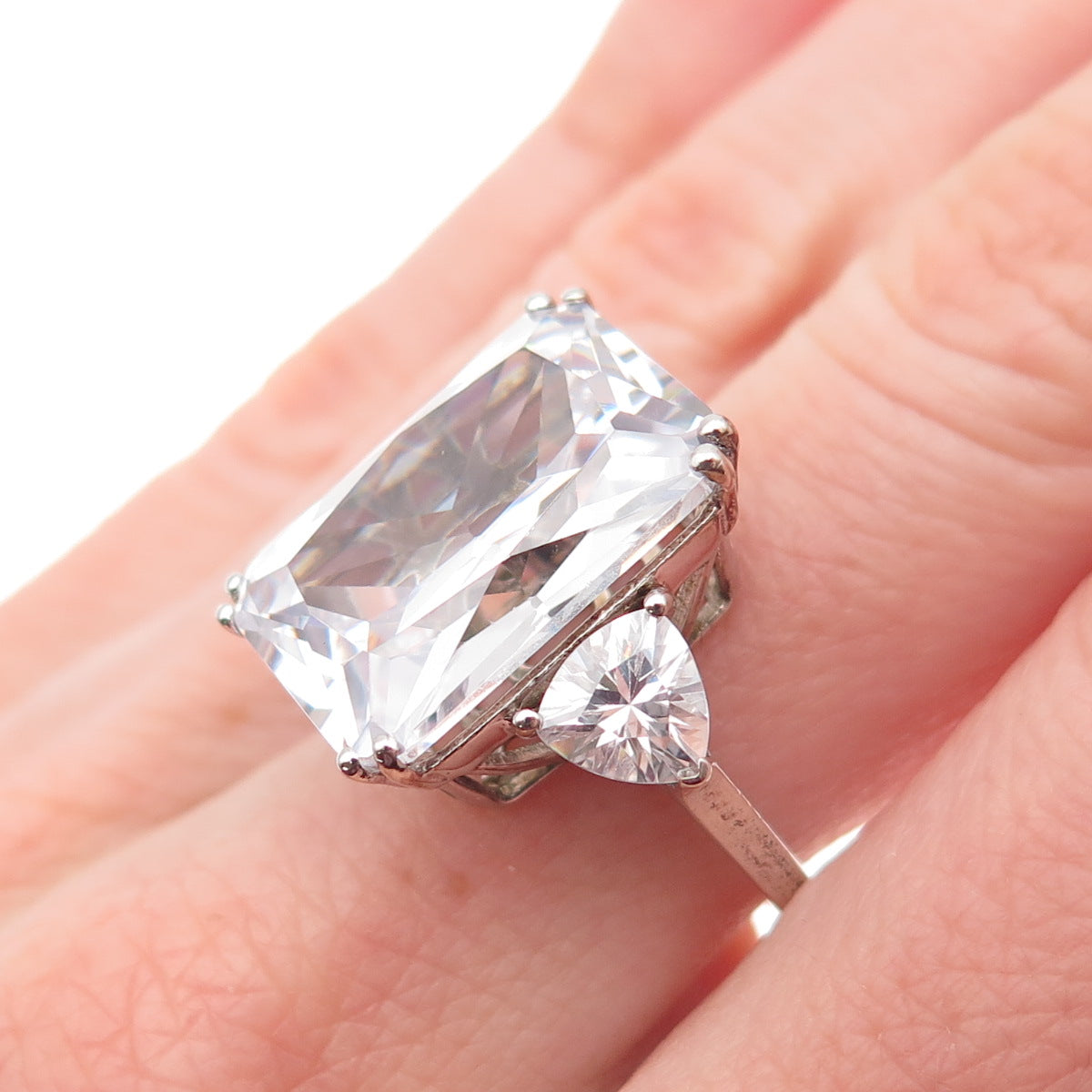 925 Sterling Silver Radiant & Triangle-Cut C Z Engagement Ring Size 7