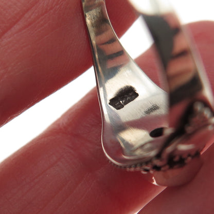 925 Sterling Silver Vintage Real Oval-Cut Ruby Beaded Oxidized Ring Size 7.75