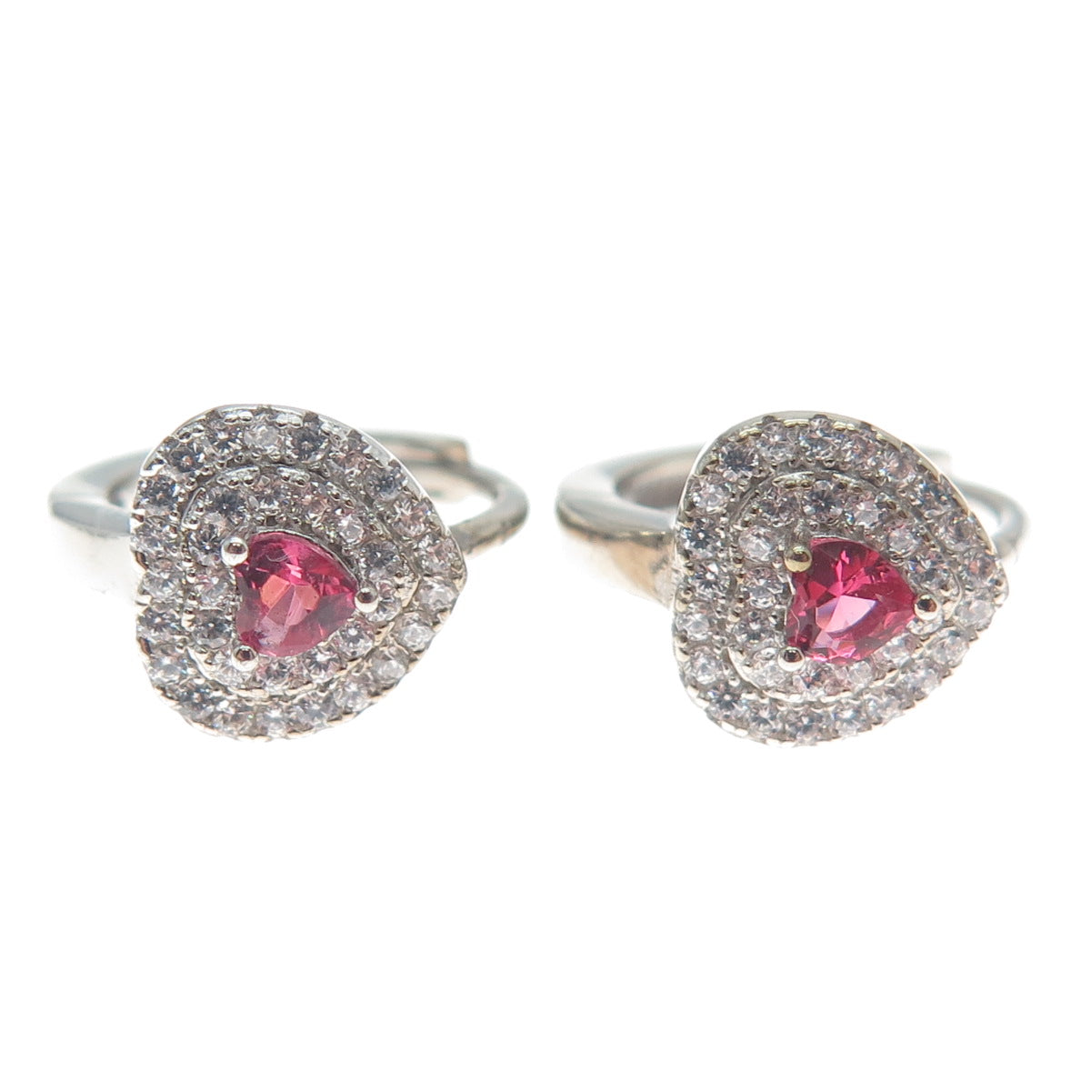 925 Sterling Silver Heart-Cut Pink & Round-Cut White C Z Hoop Earrings