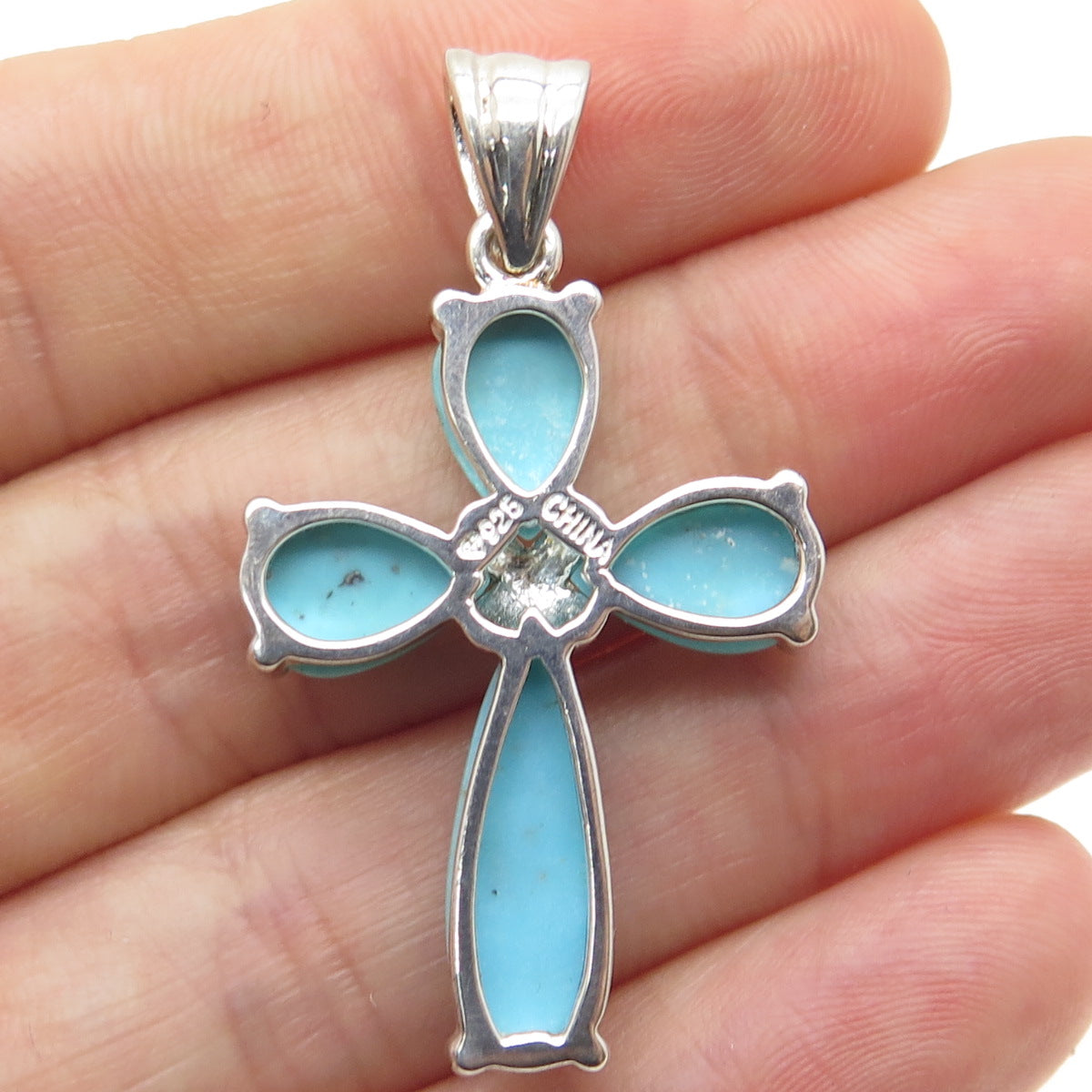 925 Sterling Silver Real Turquoise Gemstone Cross Pendant