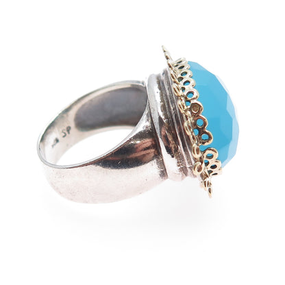 925 Sterling Silver 2-Tone Vintage Real Blue Chalcedony Flower Ring Size 7