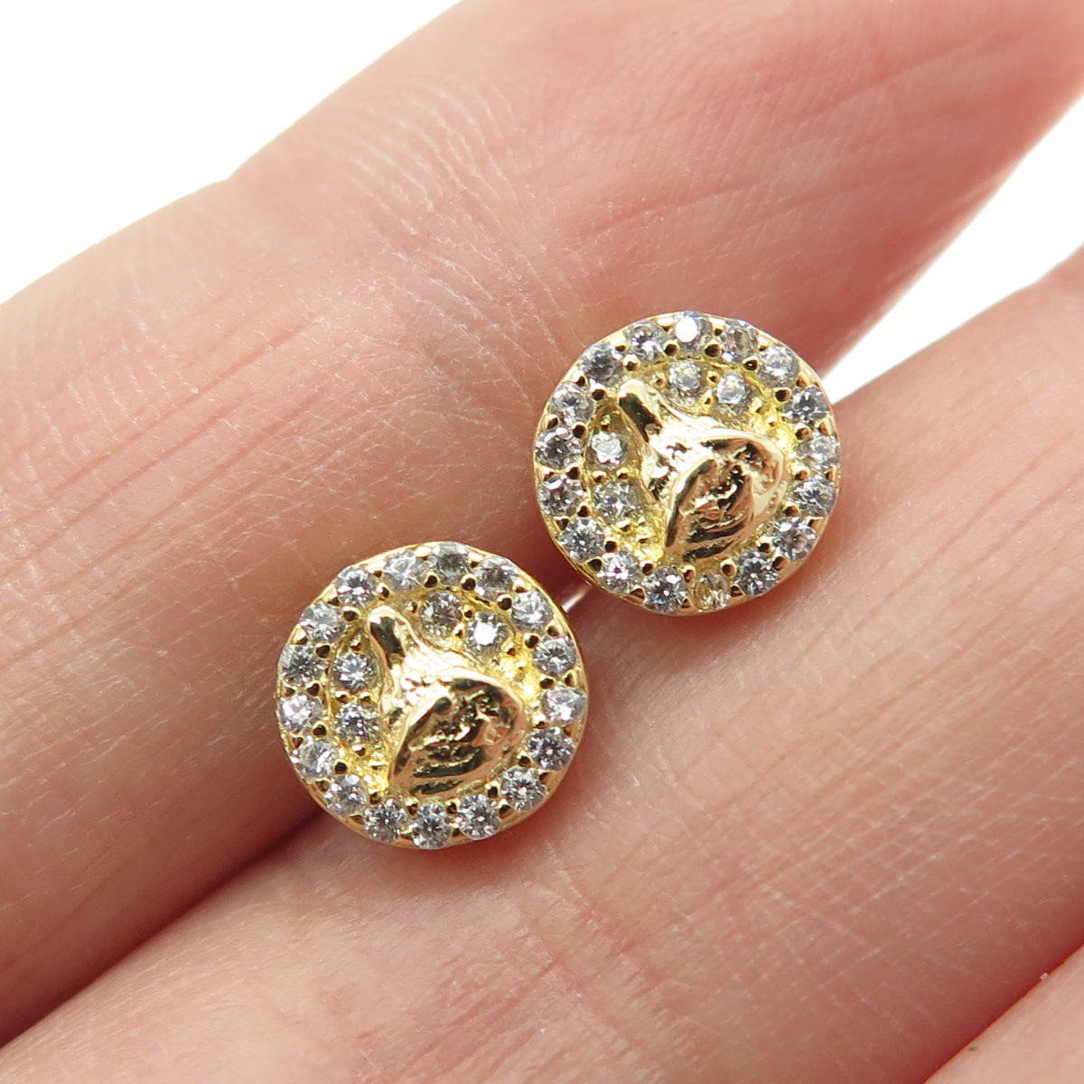 925 Sterling Silver Gold Plated Round-Cut C Z Saint Mary Stud Earrings