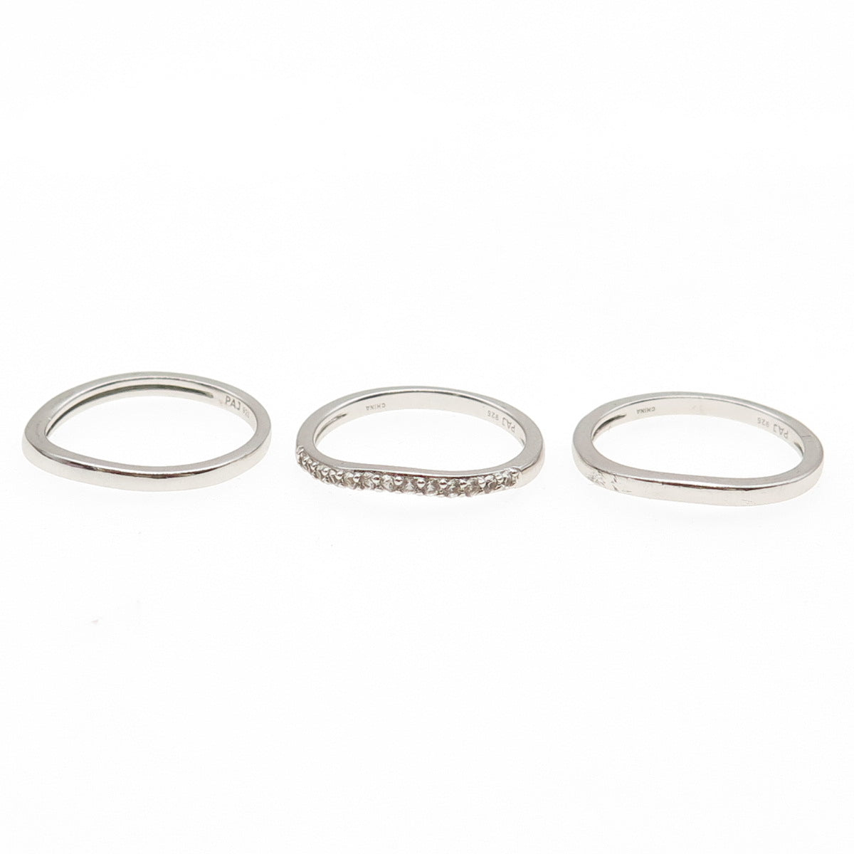 925 Sterling Silver Real White Topaz SET of 3 Stackable Wavy Band Rings Size 7