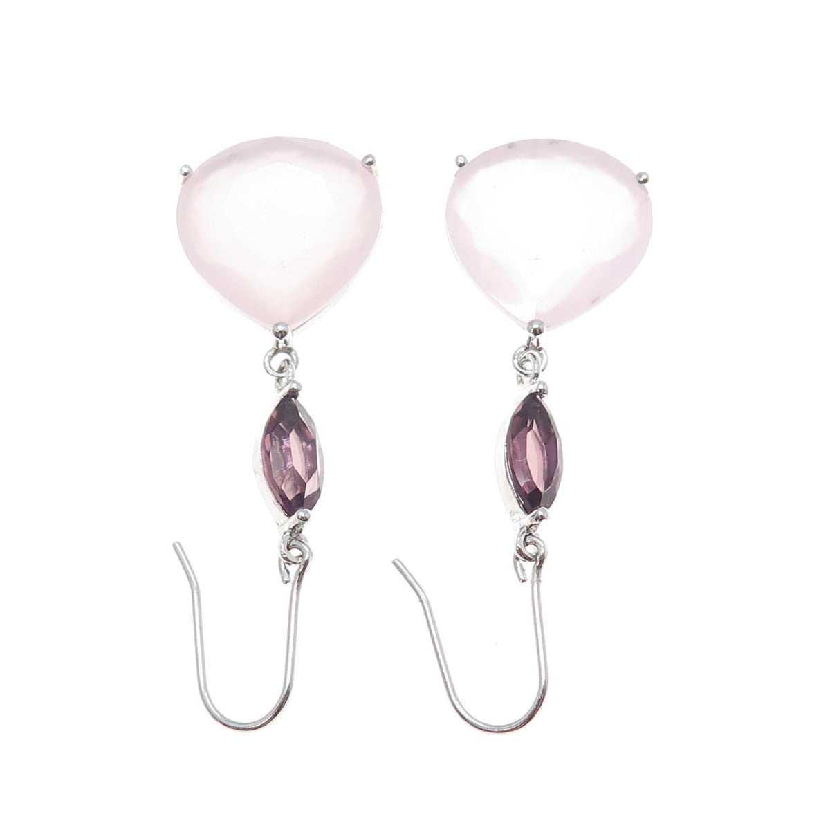 925 Sterling Silver Real Rose Chalcedony & Amethyst Dangle Earrings