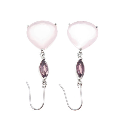 925 Sterling Silver Real Rose Chalcedony & Amethyst Dangle Earrings