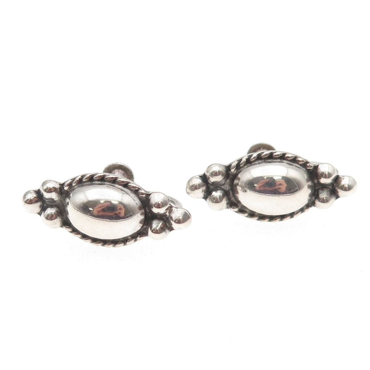 925 Sterling Silver Antique Art Deco Oxidized Beaded Screw Back Earrings