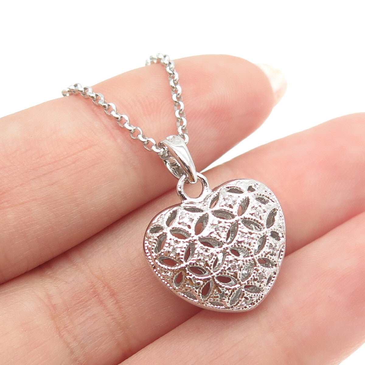 925 Sterling Silver Italy Round-Cut C Z Locket Heart Cable Chain Necklace 16"