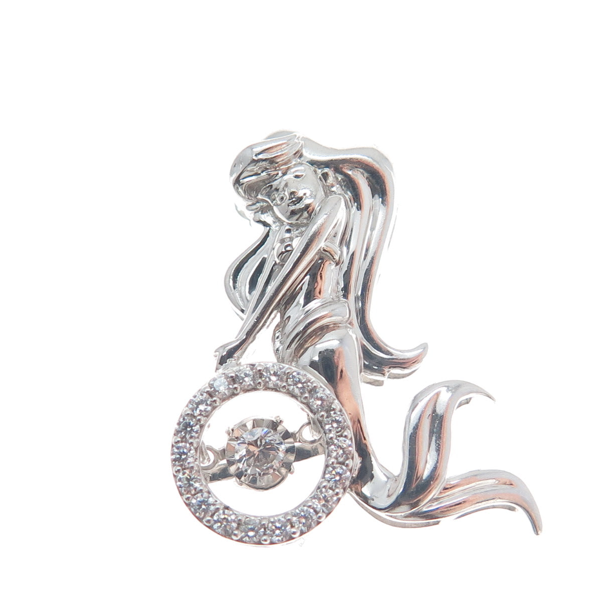 925 Sterling Silver Round-Cut C Z Mermaid Charm Slide Pendant
