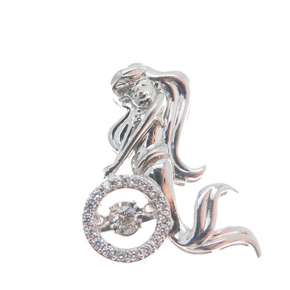 925 Sterling Silver Round-Cut C Z Mermaid Charm Slide Pendant