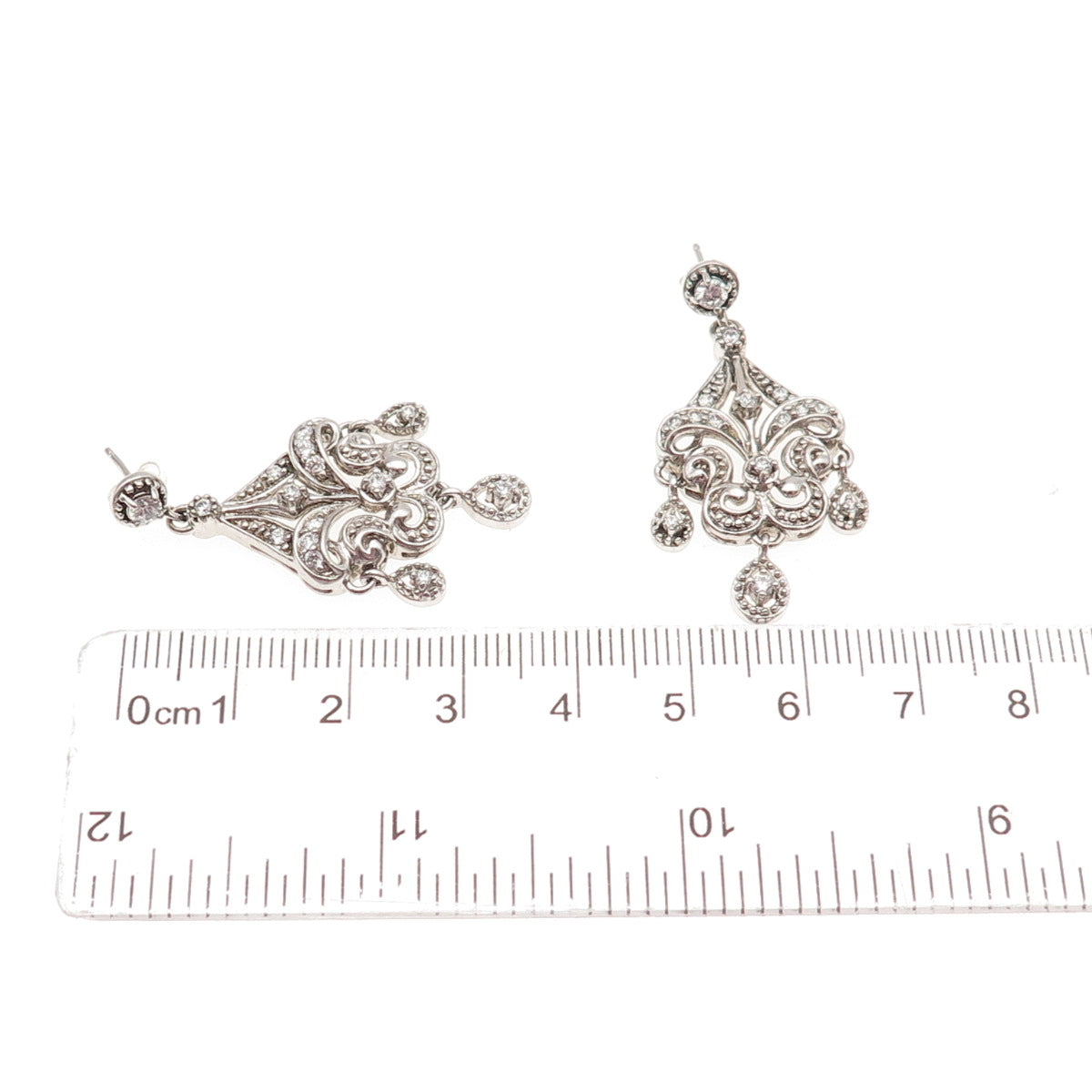 925 Sterling Silver Round-Cut C Z Fleur de Lis Dangle Earrings