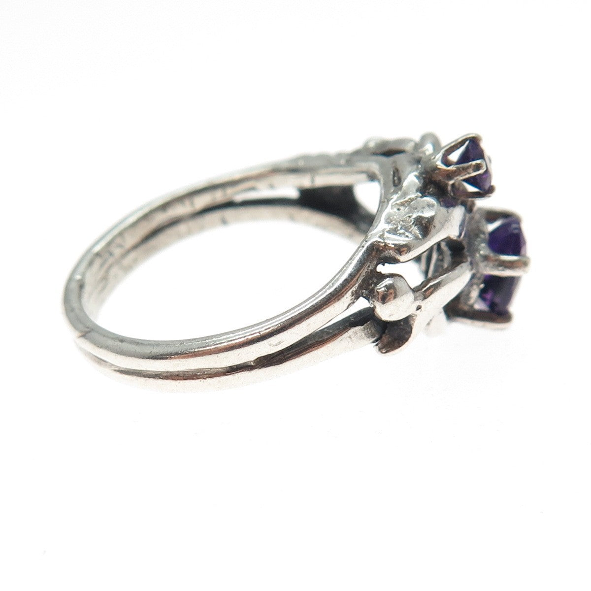 925 Sterling Silver Vintage Real Amethyst Modernist Oxidized Ring Size 8