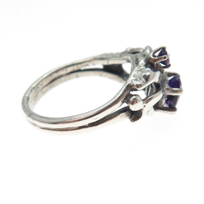 925 Sterling Silver Vintage Real Amethyst Modernist Oxidized Ring Size 8