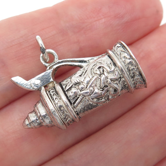 925 Sterling Silver Vintage Beer Stein Oxidized Locket 3D Charm Pendant