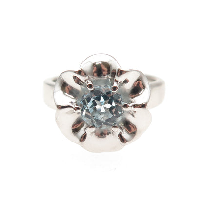 925 Sterling Silver Real Round-Cut Blue Topaz Floral Ring Size 5.75