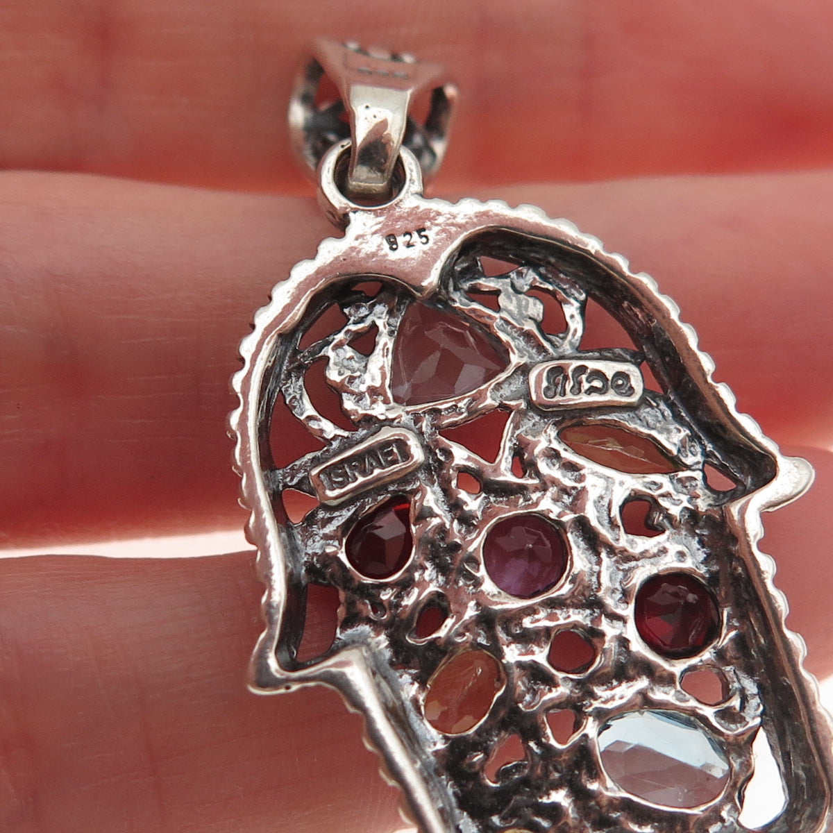 Didae 925 Sterling Silver Vintage Real Multi-Gem Hamsa Amulet Charm Pendant