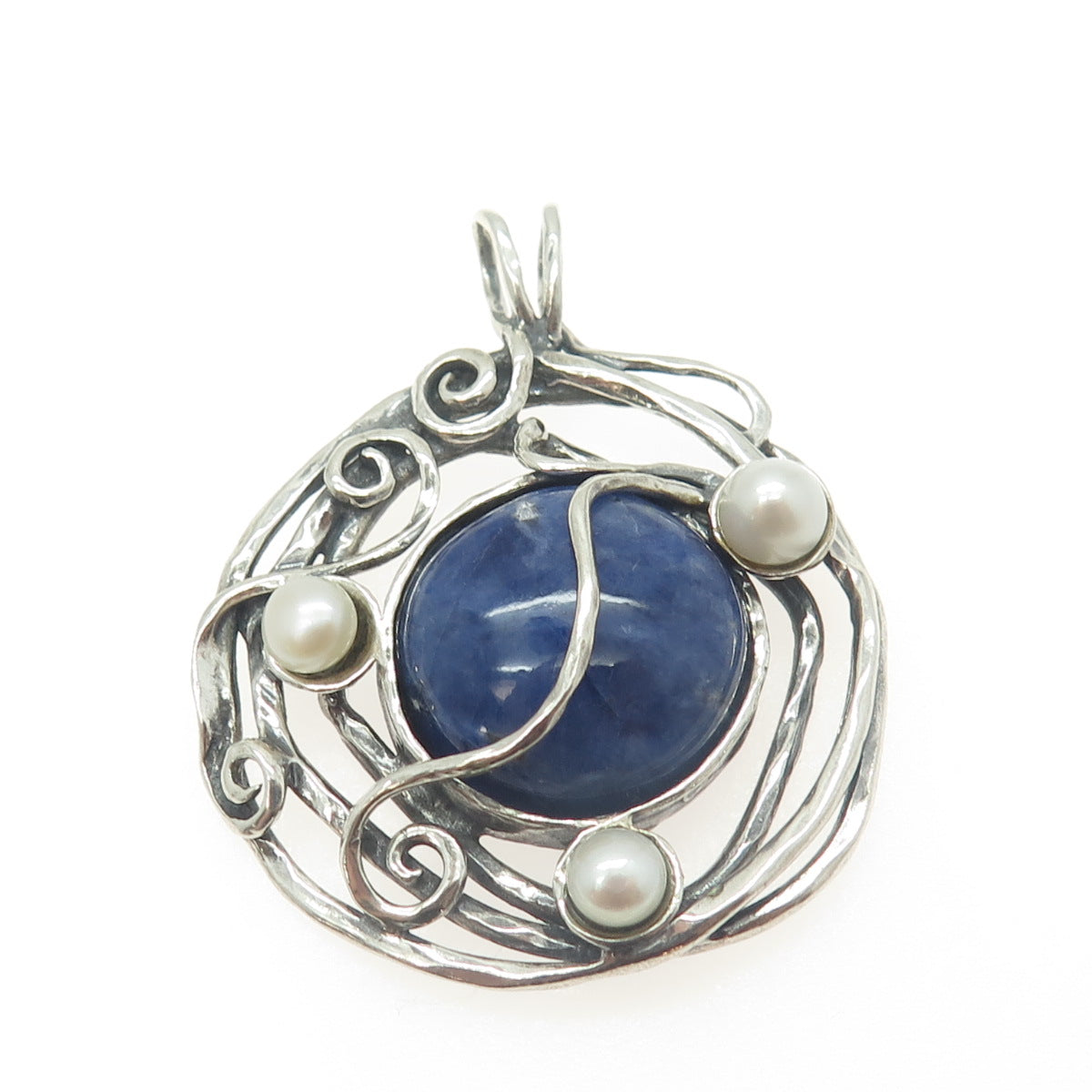 925 Sterling Silver Vintage Real Sodalite & Pearl Modernist Swirl Pendant