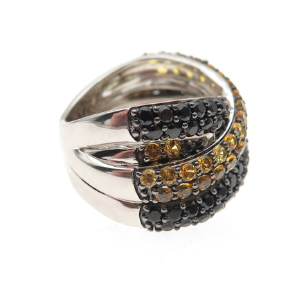 925 Sterling Silver Real Yellow Topaz & Black Spinel Crisscross Ring Size 7.25