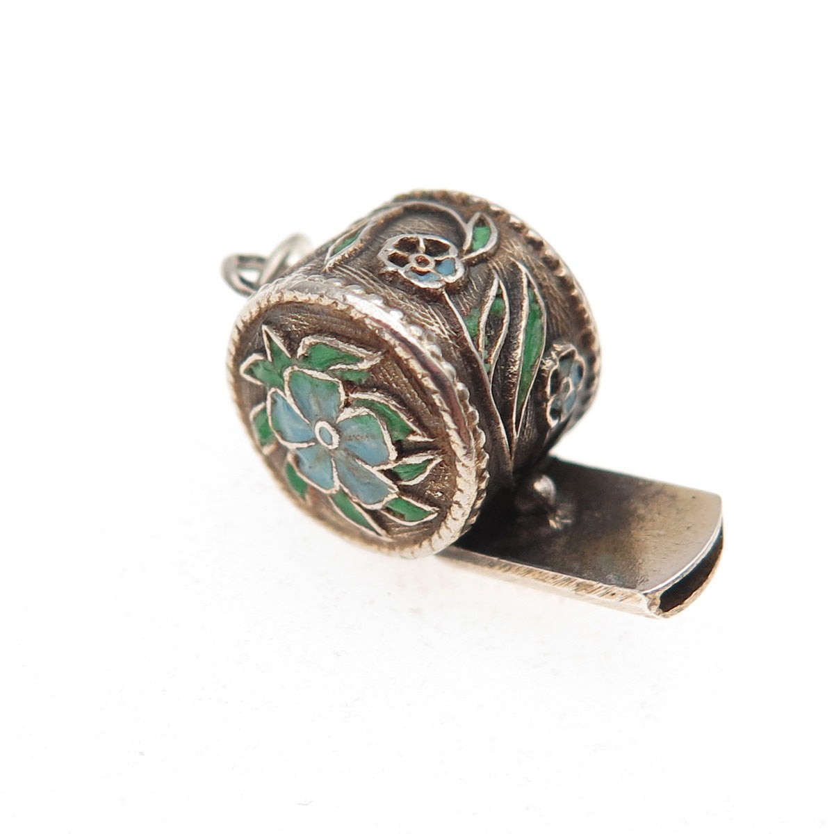 925 Sterling Silver Gold Plated Antique Art Deco Enamel Floral Whistle Pendant