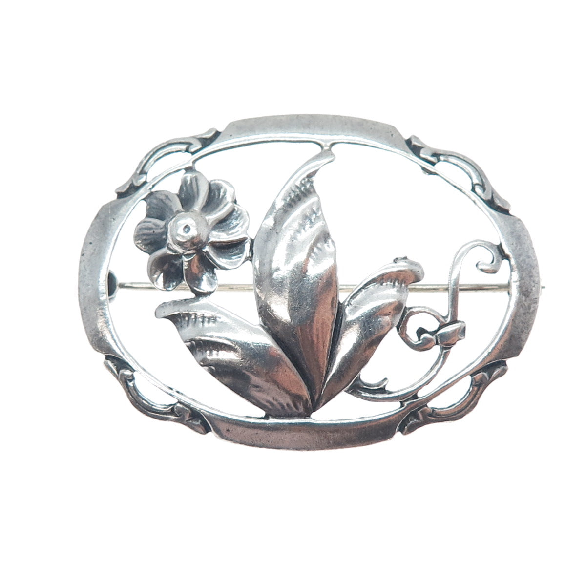 925 Sterling Silver Antique Art Deco Flower Oxidized Pin Brooch